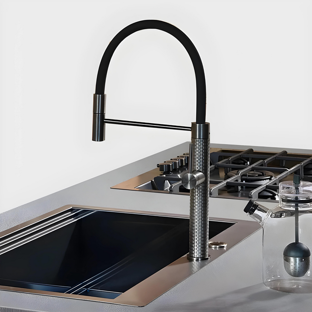 Cortenvale PRISMA flexible kitchen tap — detail, solid brass, WRAS approved