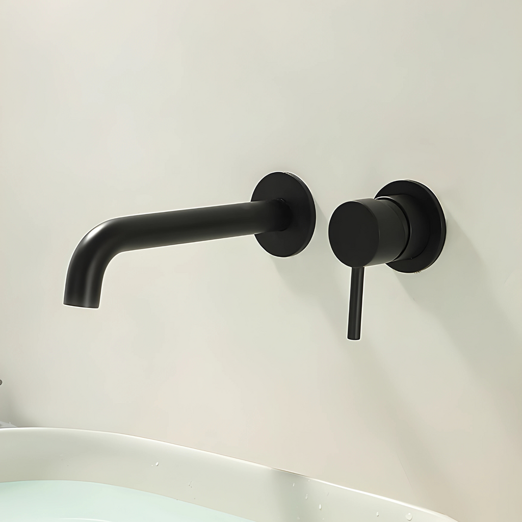 Cortenvale ALTO wall-mount bathroom tap in Matte Black — installed, solid brass, WRAS approved