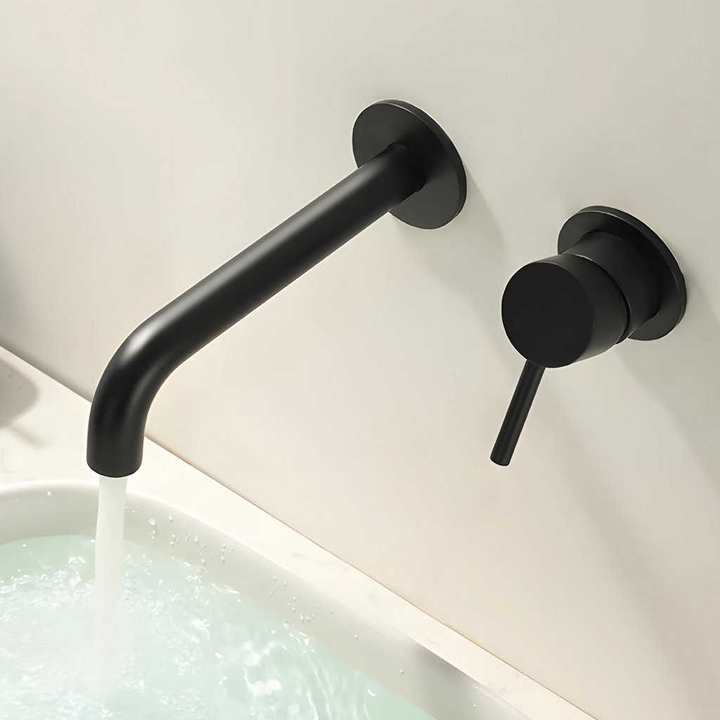 Cortenvale ALTO wall-mount bathroom tap in Matte Black — installed, solid brass, WRAS approved