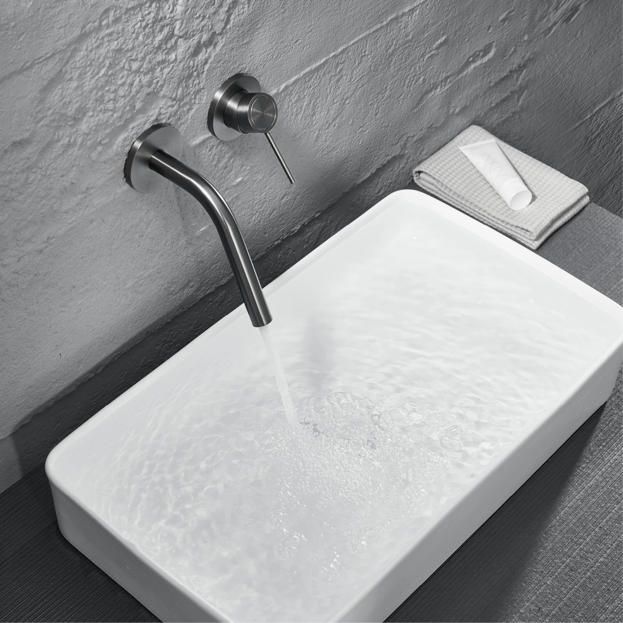 Cortenvale ARCUS wall-mount bathroom tap — Gunmetal handle detail, solid brass, WRAS approved