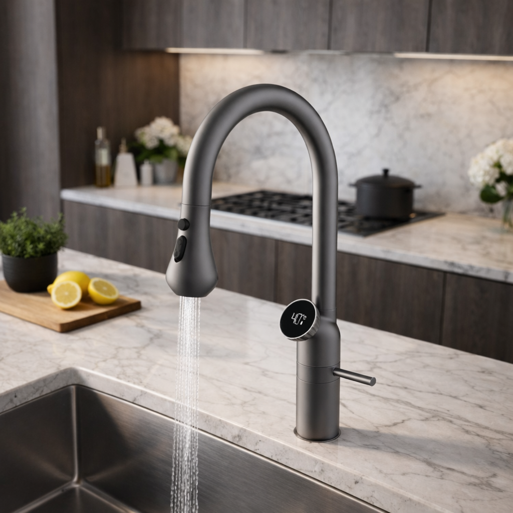 Cortenvale AURIX pull-down kitchen tap in Graphite Grey — installed, solid brass, WRAS approved