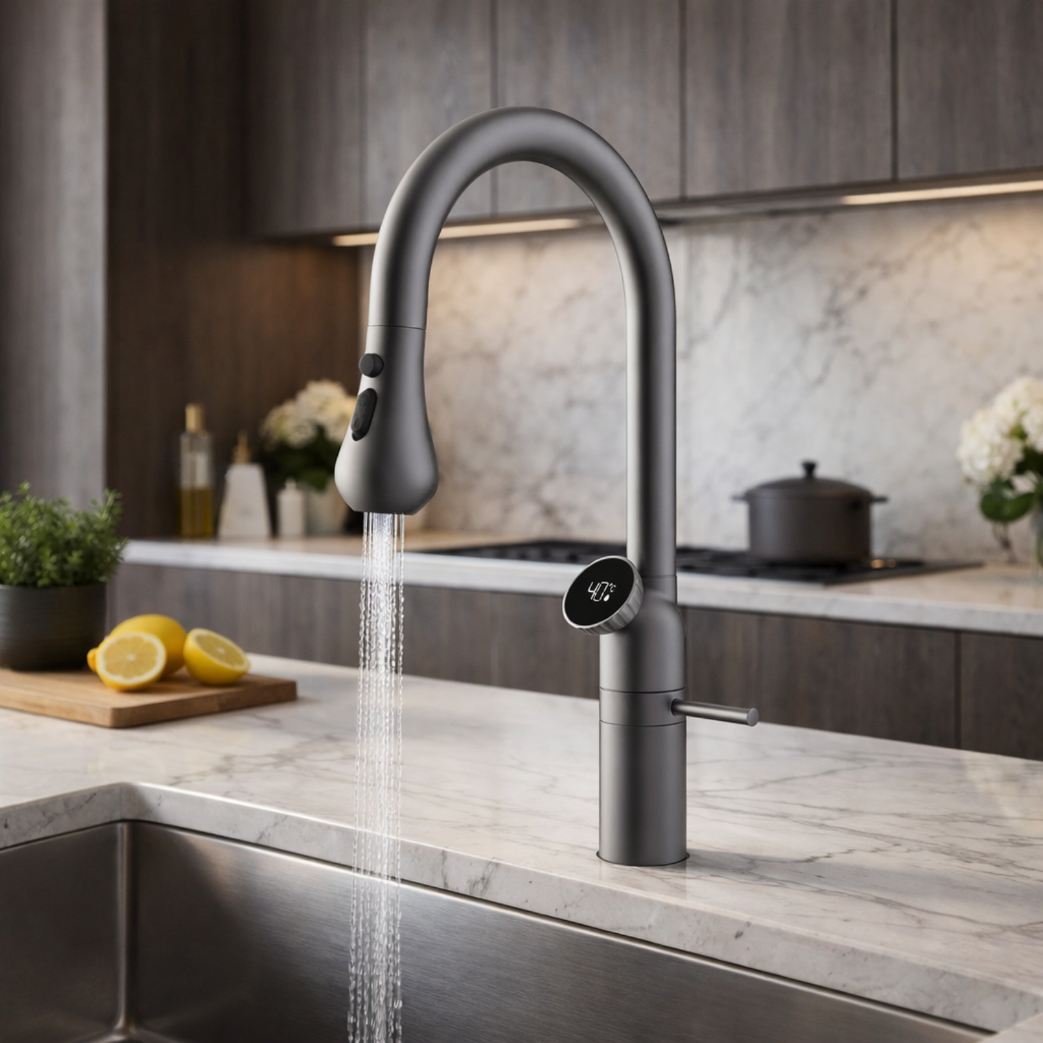 Cortenvale AURIX pull-down kitchen tap in Graphite Grey — installed, solid brass, WRAS approved