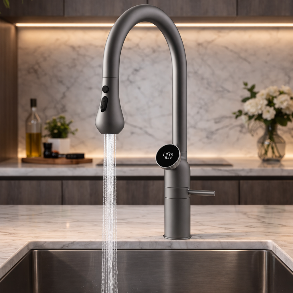 Cortenvale AURIX pull-down kitchen tap in Graphite Grey — installed, solid brass, WRAS approved