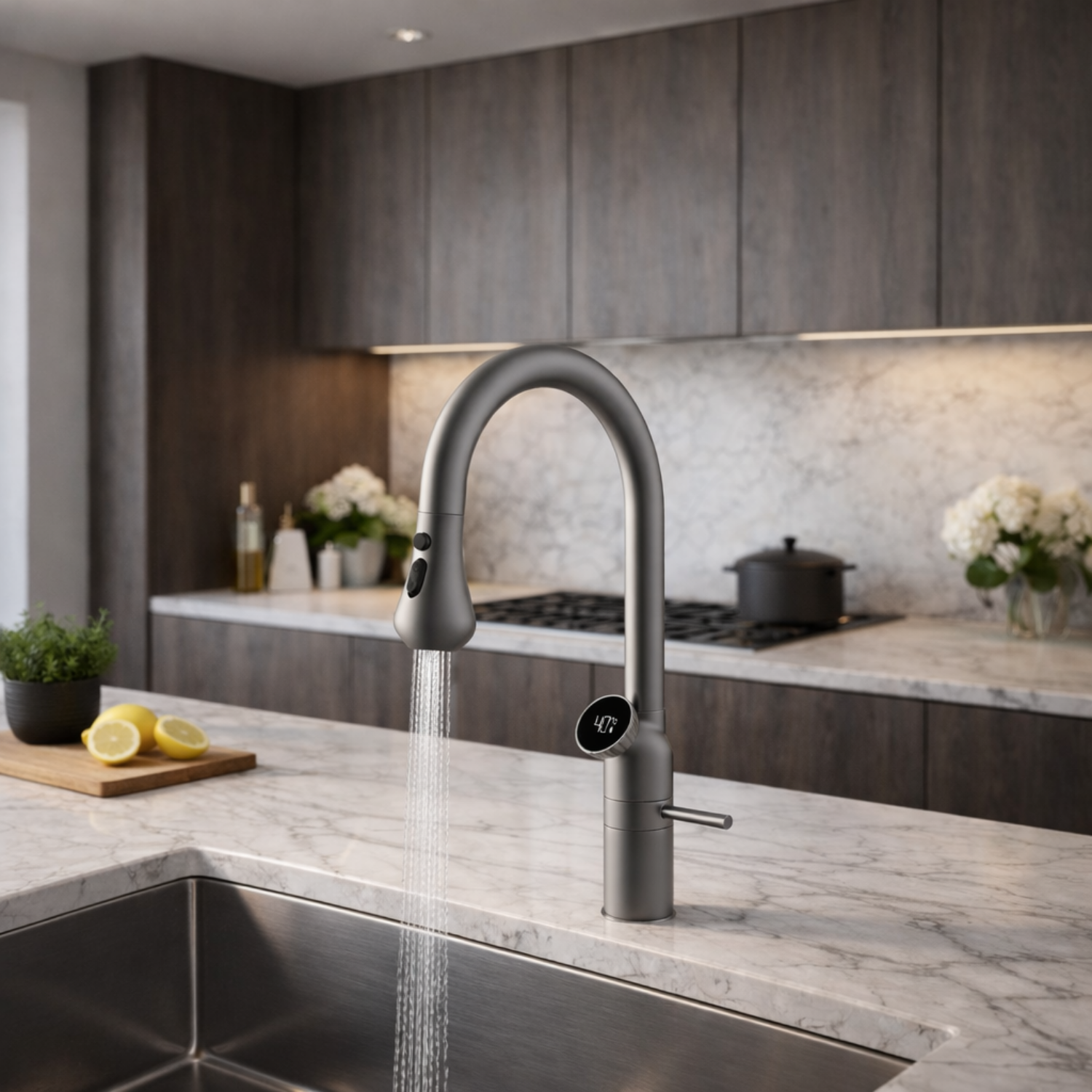 Cortenvale AURIX pull-down kitchen tap in Graphite Grey — installed, solid brass, WRAS approved