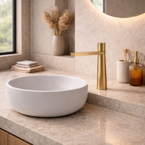 Cortenvale AURON bathroom sink faucet in Brushed Gold installed - horizontal spout design, solid brass, WRAS approved
