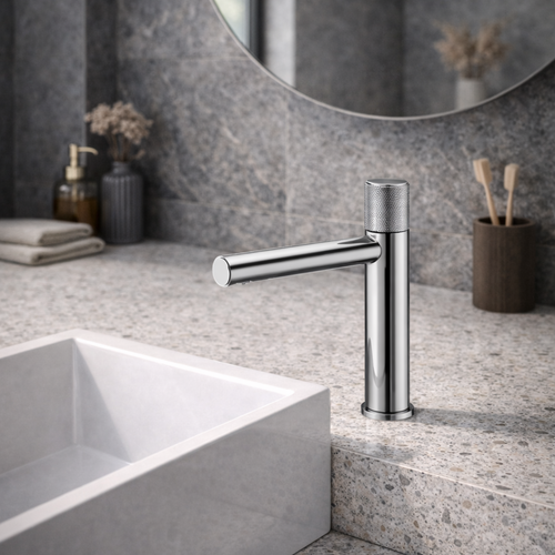 Cortenvale KNOTA bathroom sink faucet installed on vanity - cylindrical minimalist design, solid brass, WRAS approved