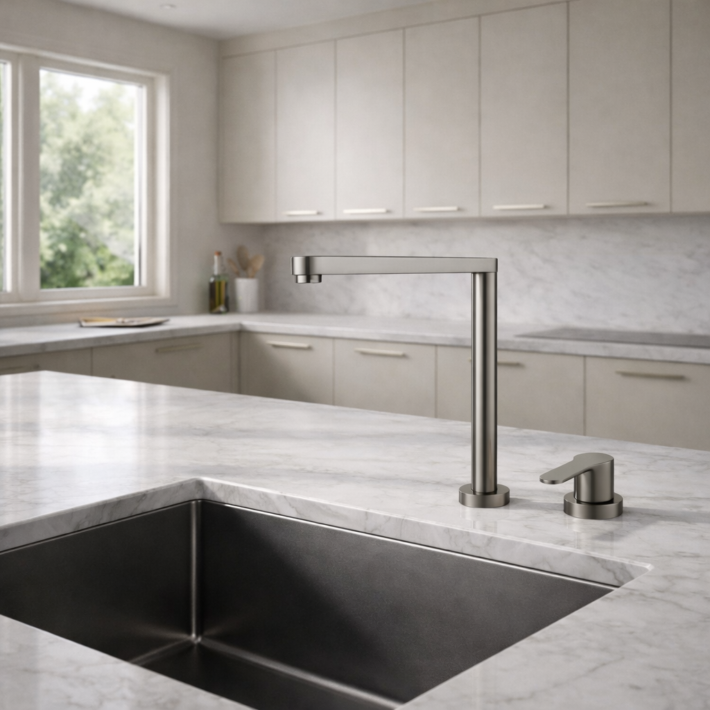 Cortenvale LINEO kitchen faucet in Brushed Nickel installed - L-spout design, solid brass, WRAS approved