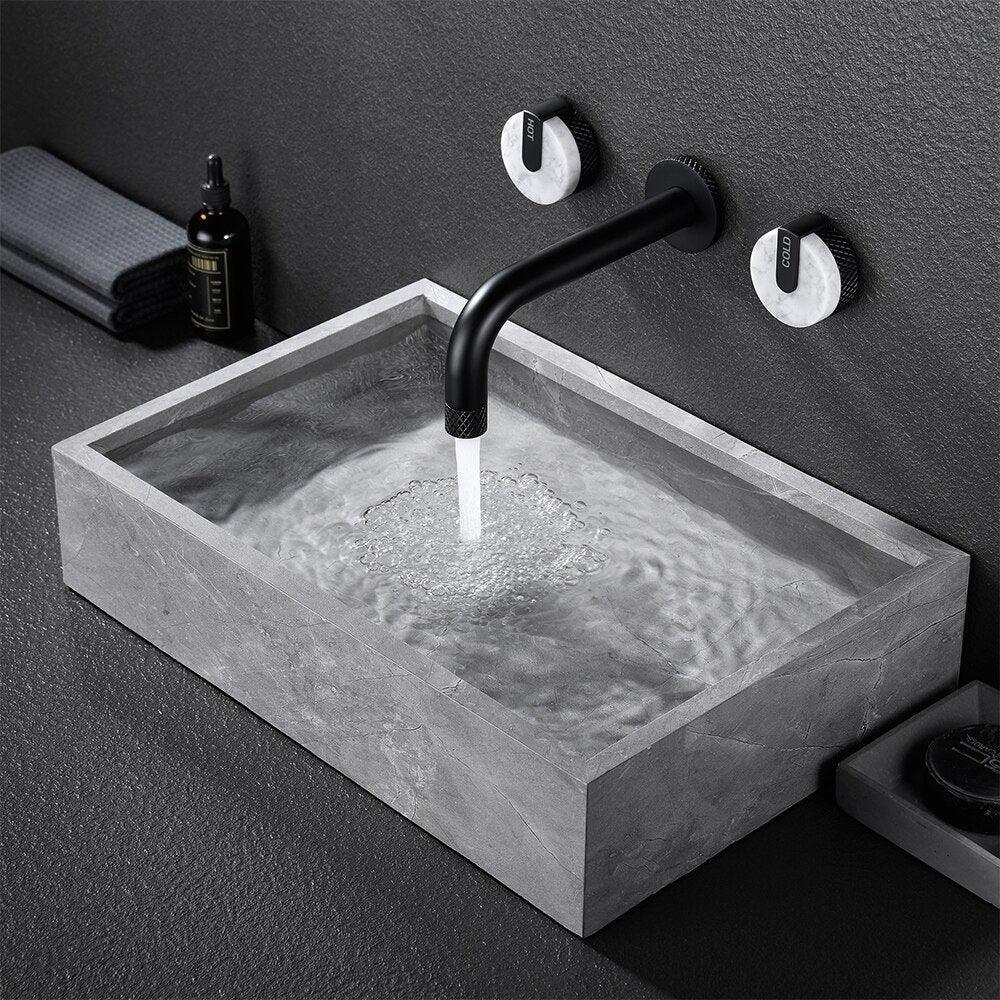 Cortenvale ORBIT wall-mount bathroom tap in Brushed Gold and Matte Black — dial detail, solid brass, WRAS approved
