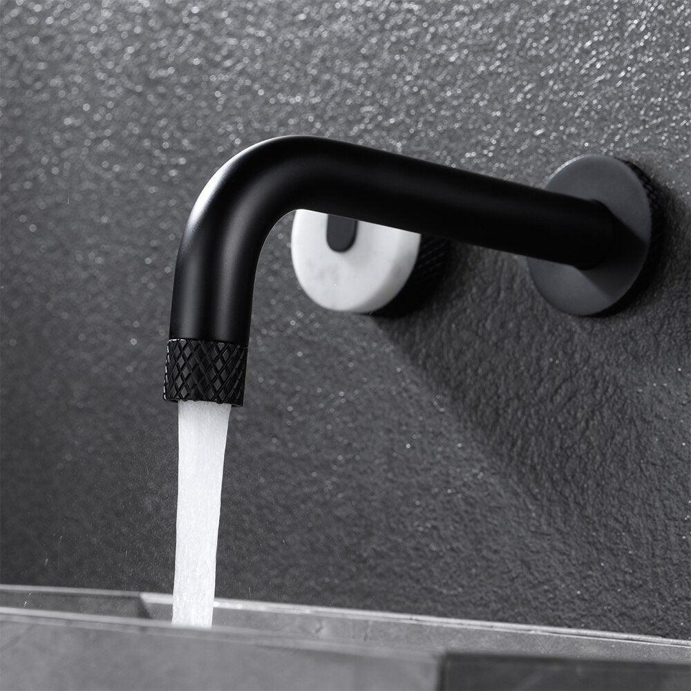 Cortenvale ORBIT wall-mount bathroom tap in Matte Black — control dials detail, solid brass, WRAS approved