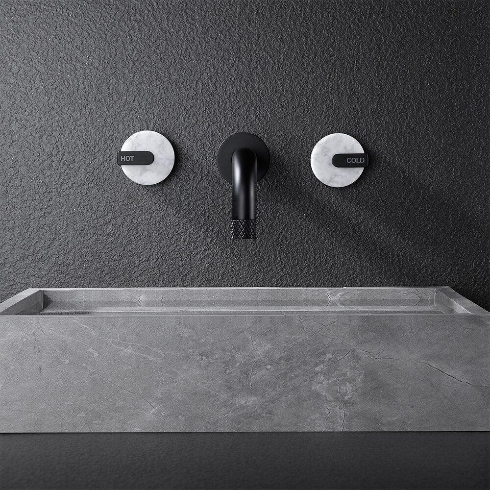 Cortenvale ORBIT wall-mount bathroom tap in Matte Black — spout detail, solid brass, WRAS approved