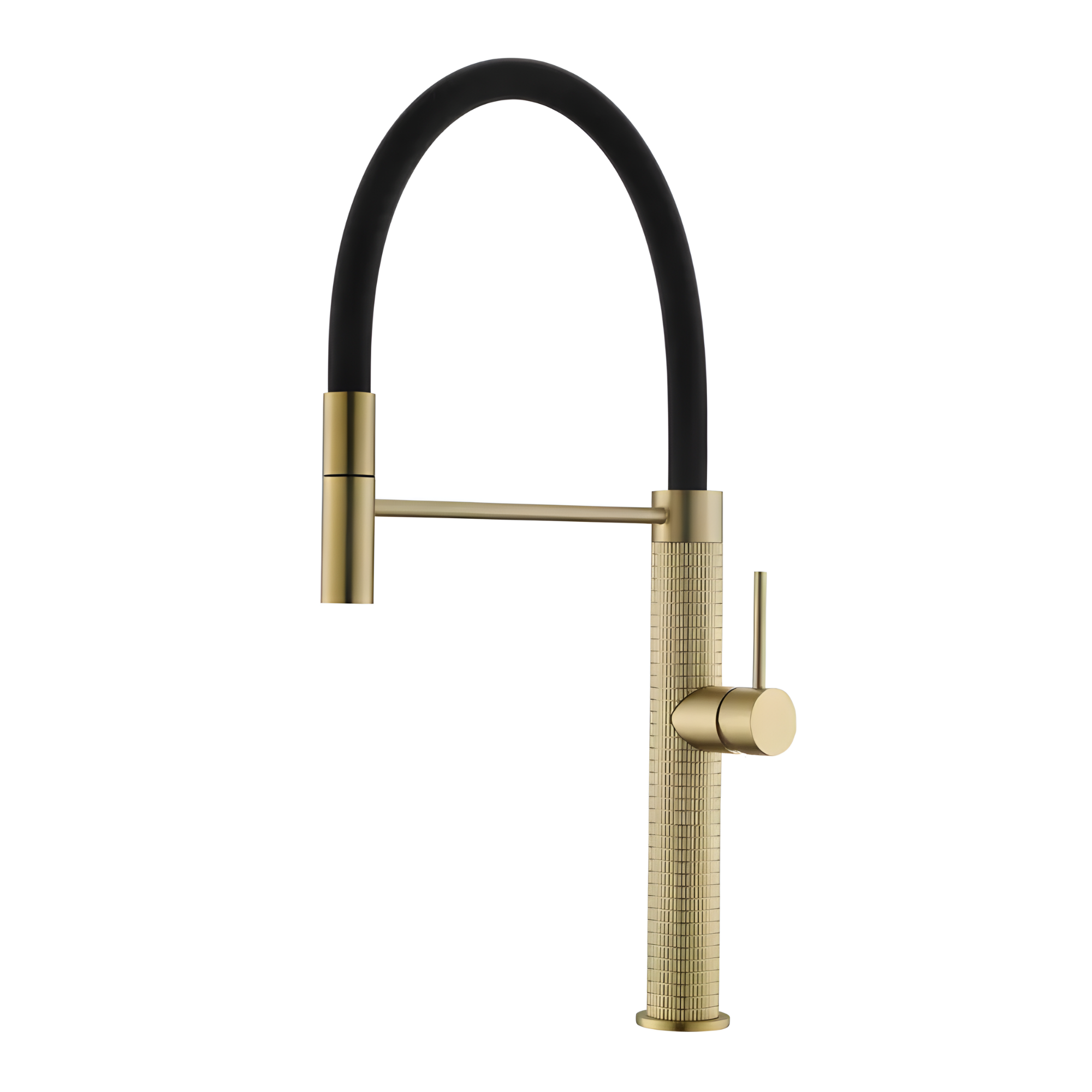 Cortenvale PRISMA flexible kitchen tap in Brushed Gold with black hose — solid brass, WRAS approved