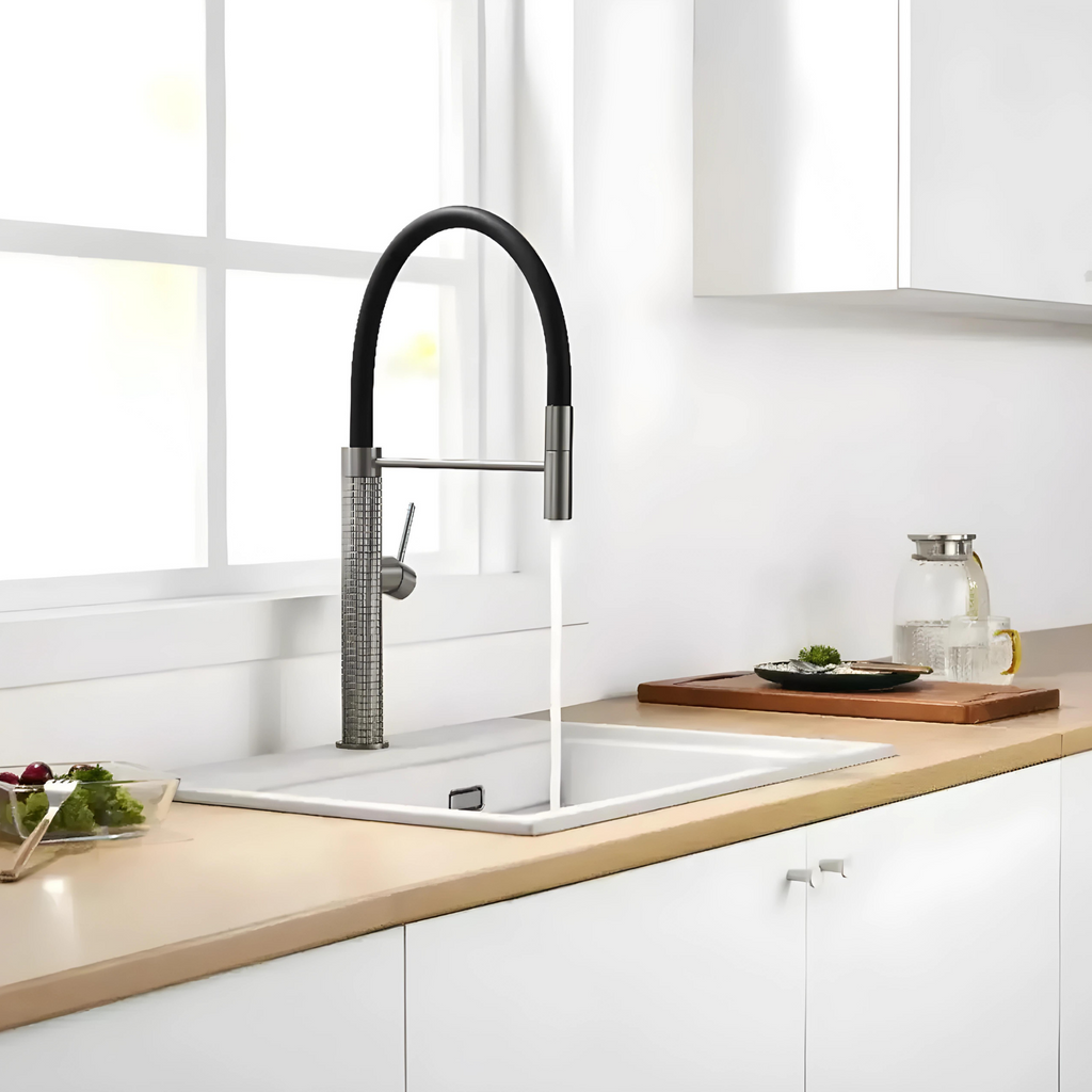 Cortenvale PRISMA flexible kitchen tap in Graphite Grey with orange hose — solid brass, WRAS approved
