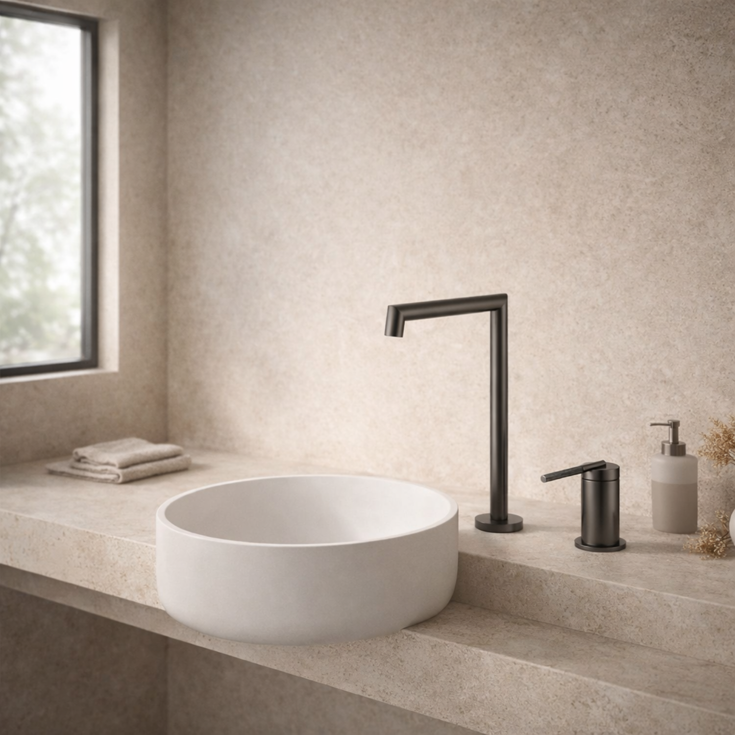 Cortenvale QUARO bathroom sink faucet in Graphite Grey installed - L-spout mixer tap, solid brass, WRAS approved