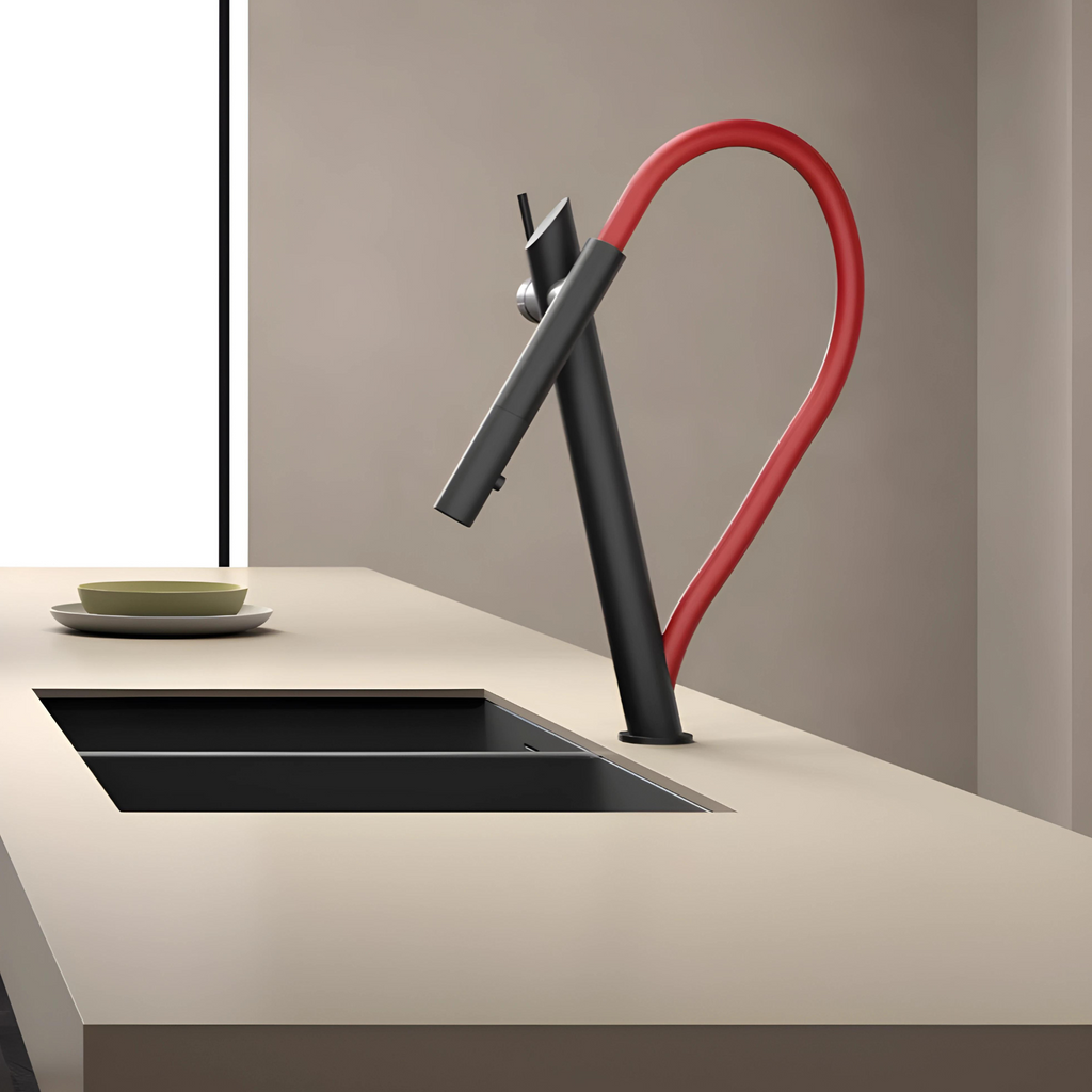 Cortenvale RIVARO flexible kitchen tap in Matte Black with red hose — solid brass, WRAS approved