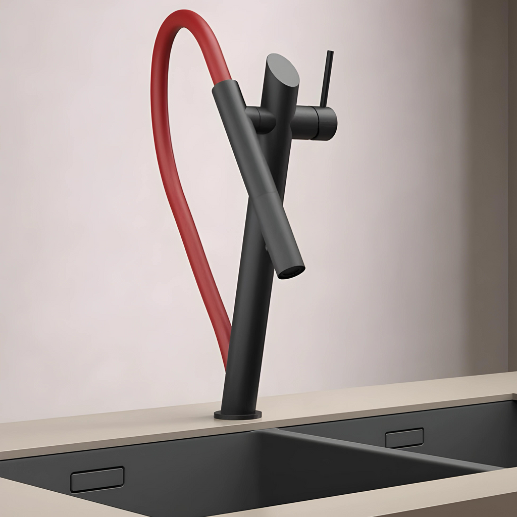 Cortenvale RIVARO flexible kitchen tap in Matte Black with red hose — solid brass, WRAS approved