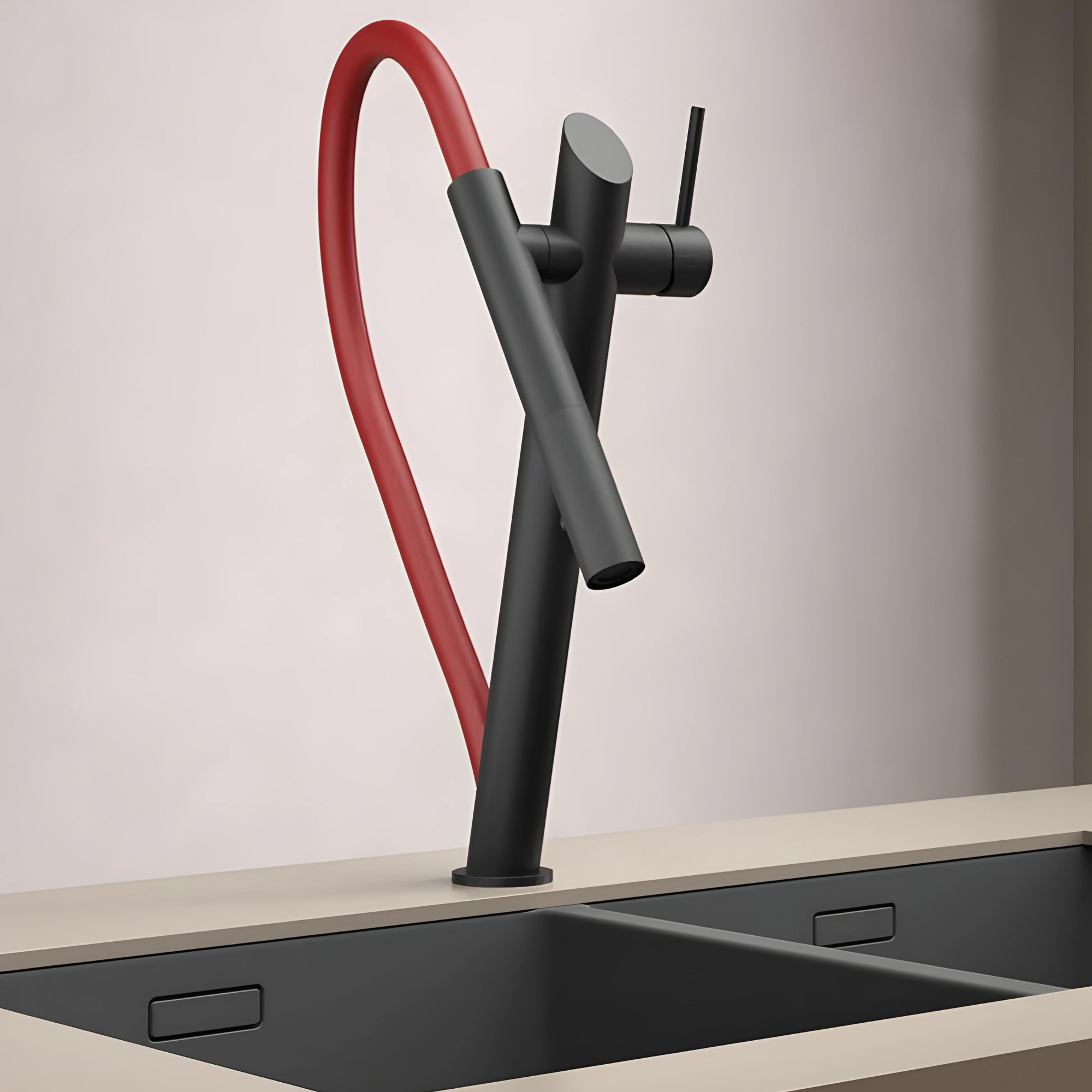 Cortenvale RIVARO flexible kitchen tap in Matte Black with red hose — solid brass, WRAS approved