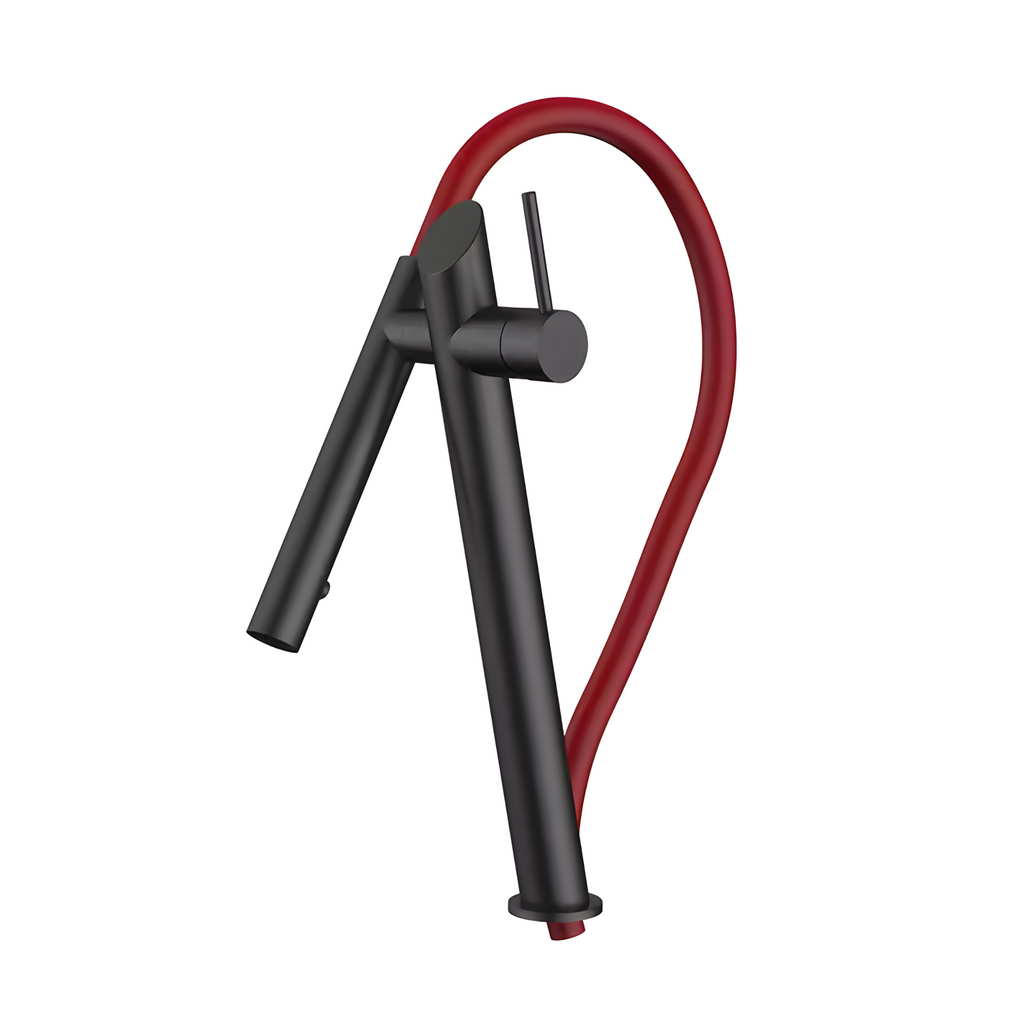 Cortenvale RIVARO flexible kitchen tap in Matte Black with red hose — solid brass, WRAS approved