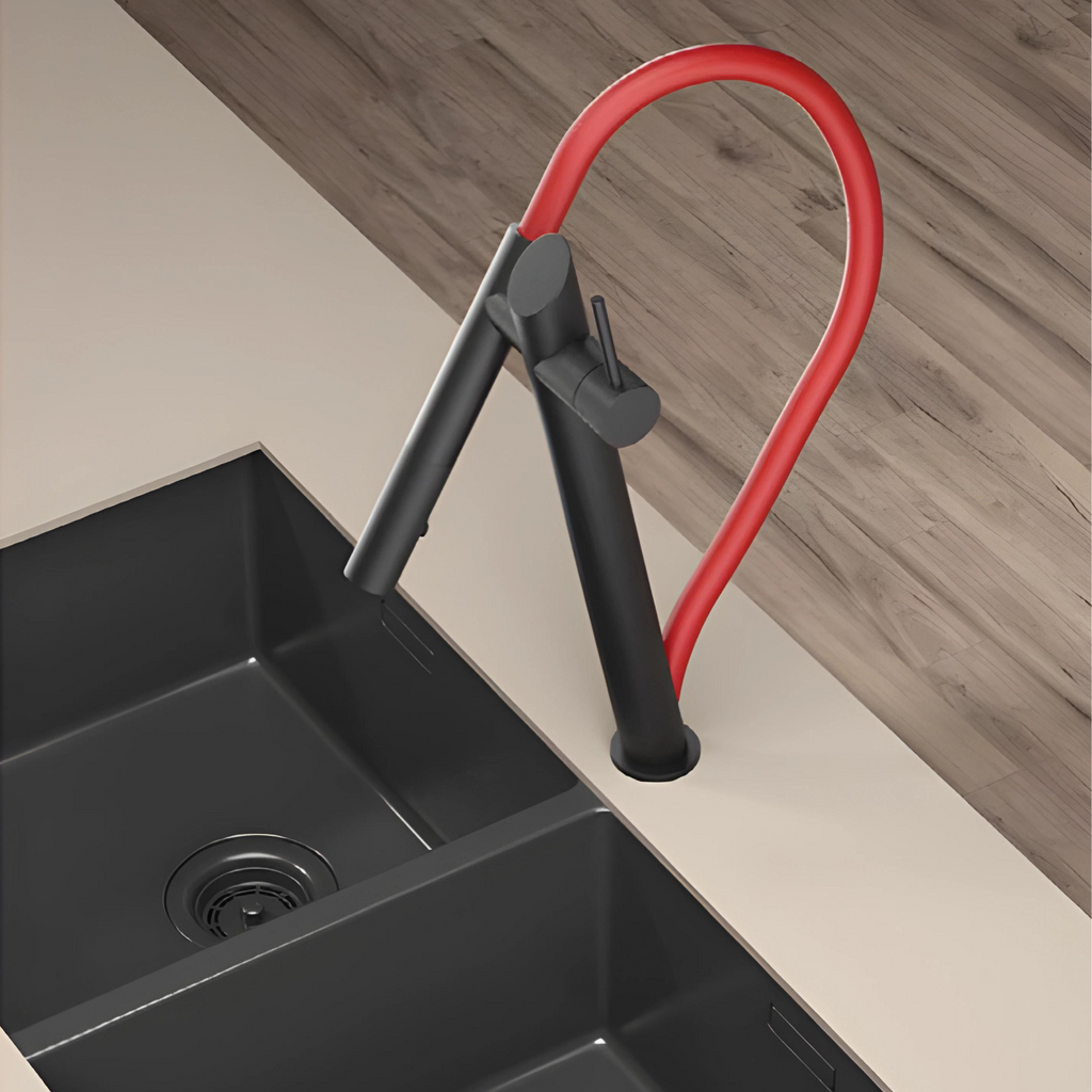 Cortenvale RIVARO flexible kitchen tap in Matte Black with red hose — solid brass, WRAS approved