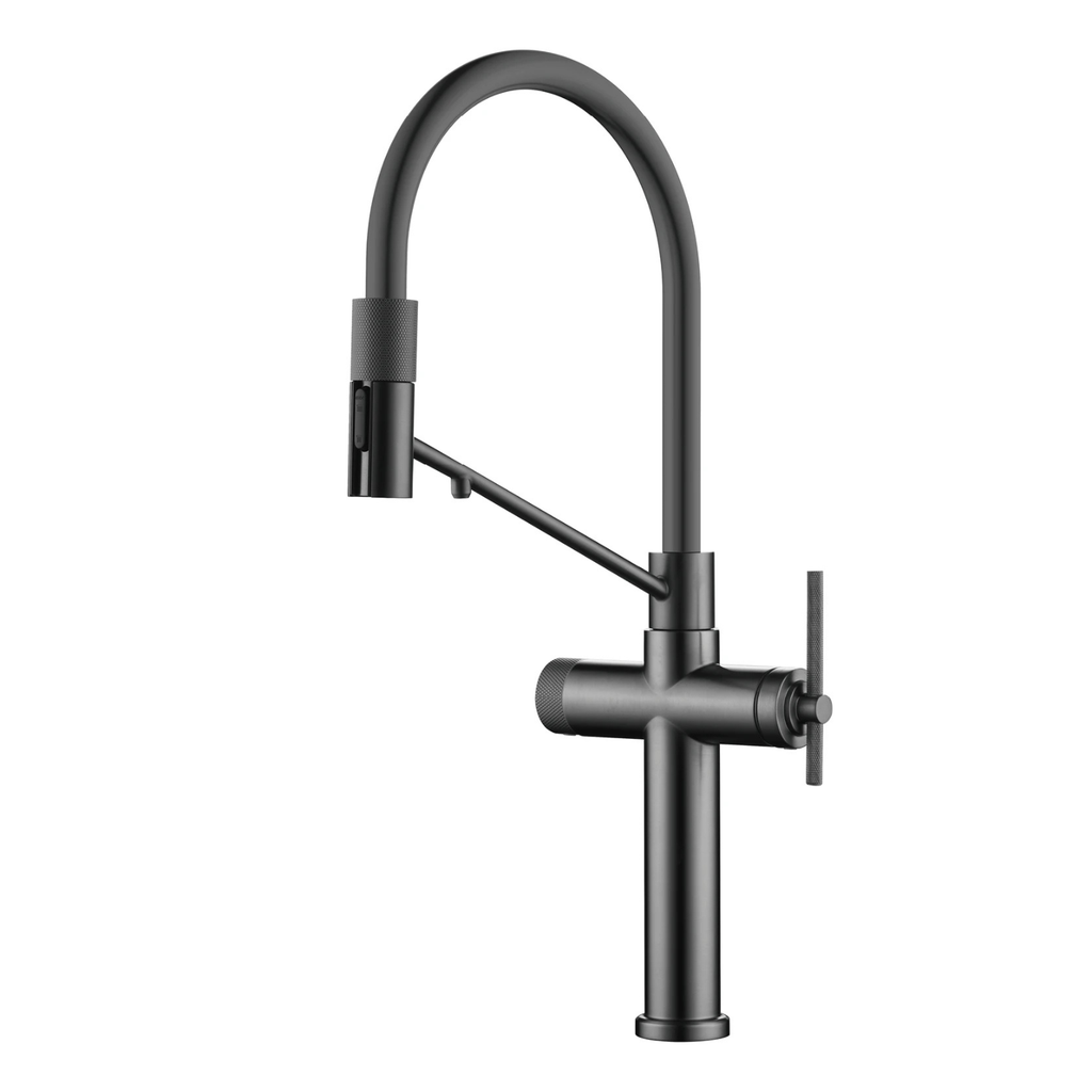 Cortenvale VEXA flexible kitchen tap in Graphite Grey with black hose — solid brass, WRAS approved