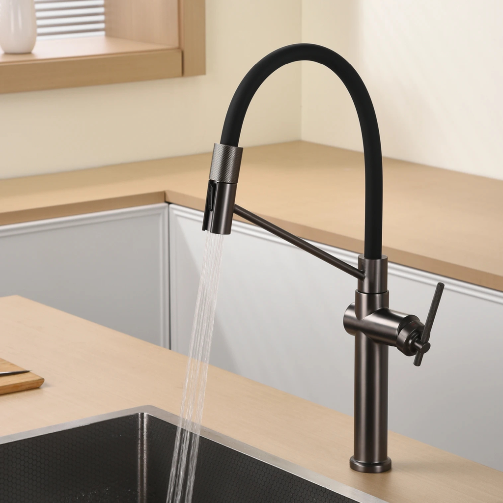 Cortenvale VEXA flexible kitchen tap — installed in a kitchen, solid brass, WRAS approved