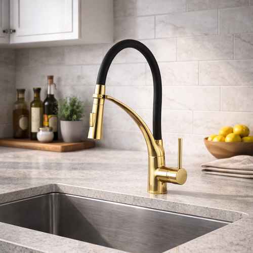 Cortenvale VORIN pull-down kitchen faucet in Brushed Gold and Black - two-tone design, solid brass, WRAS approved